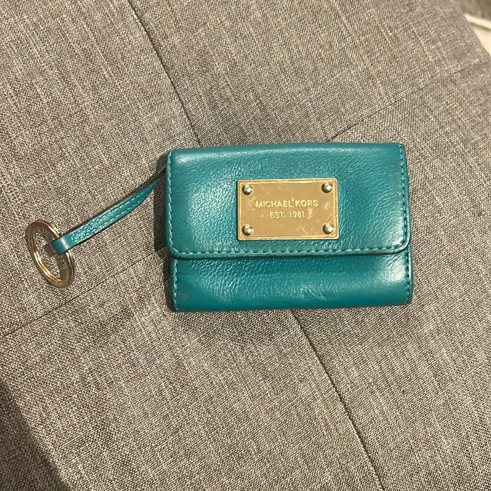 Michael Kors Wallet Coin Purse Keychain Key Ring ID Compartment Teal Blue Pocket